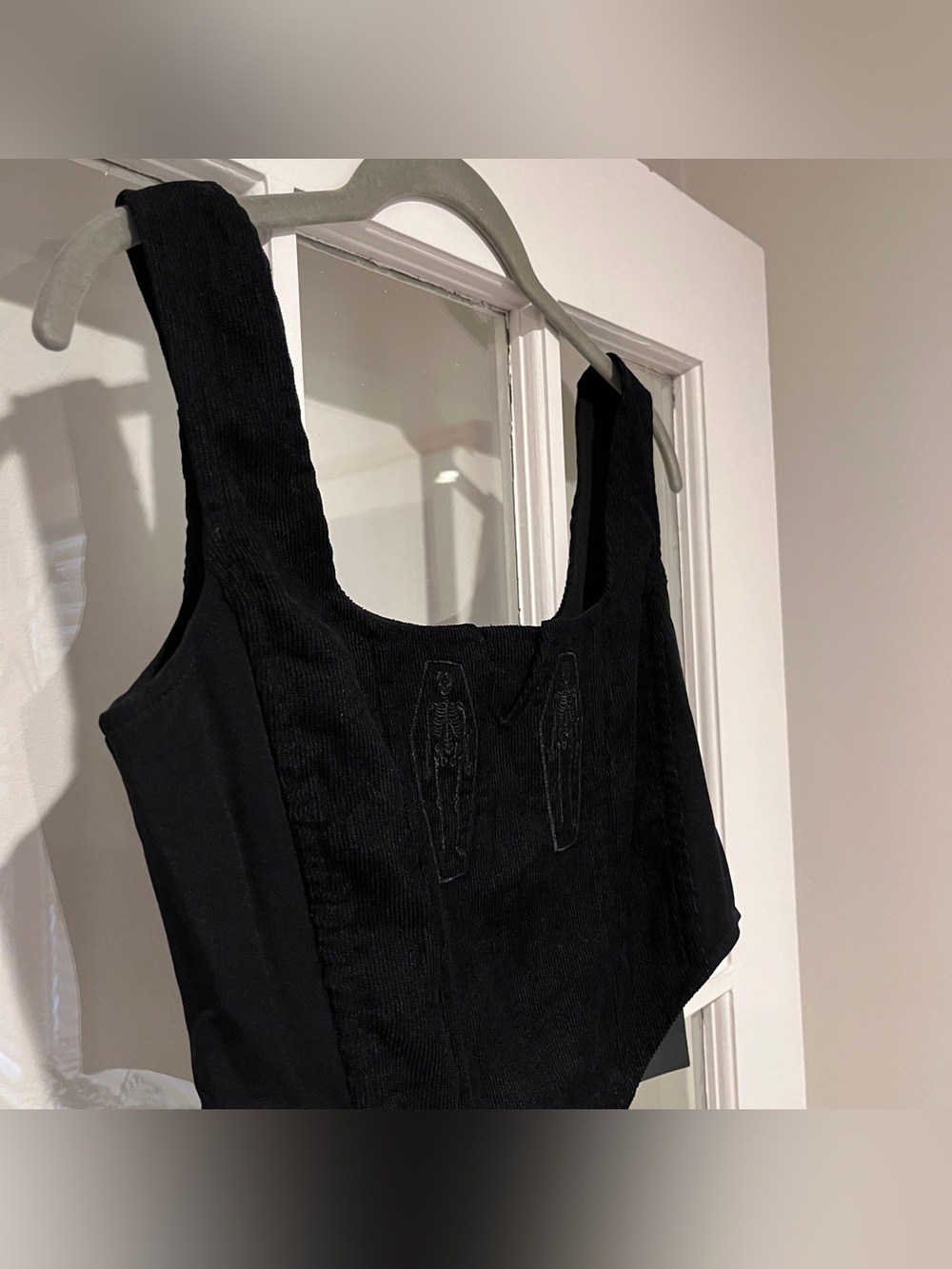NWT Disturbia Immortal Split Front Corset Black Corduroy Sz 2 Goth Skeleton - Picture 7 of 13